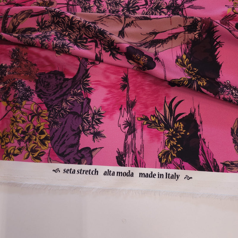 REMNANT -Mama Elephant and Baby (Pink)- Stretch Silk - (1.5mts)