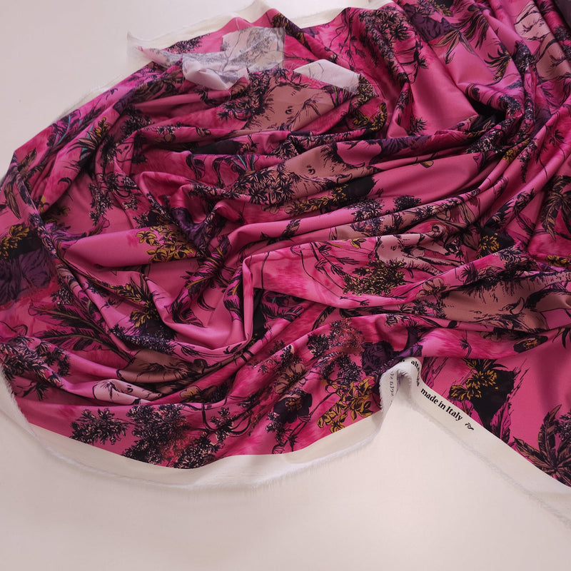 REMNANT -Mama Elephant and Baby (Pink)- Stretch Silk - (1.5mts)