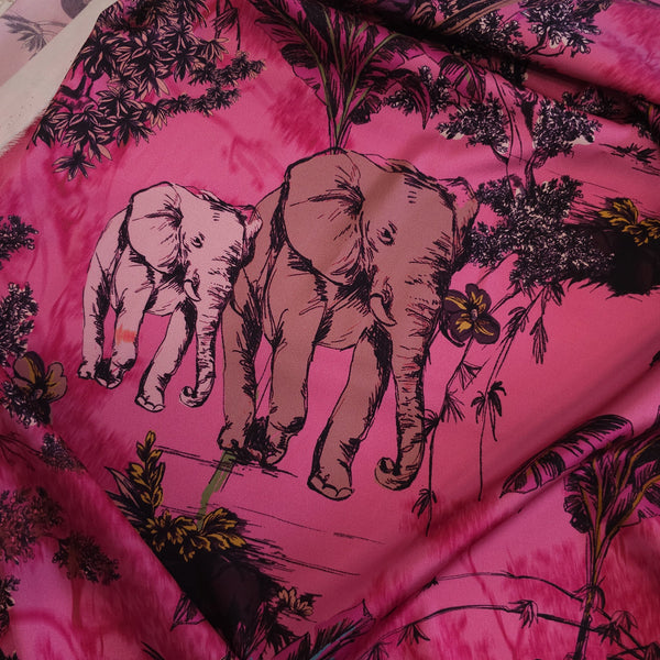 REMNANT -Mama Elephant and Baby (Pink)- Stretch Silk - (1.5mts)