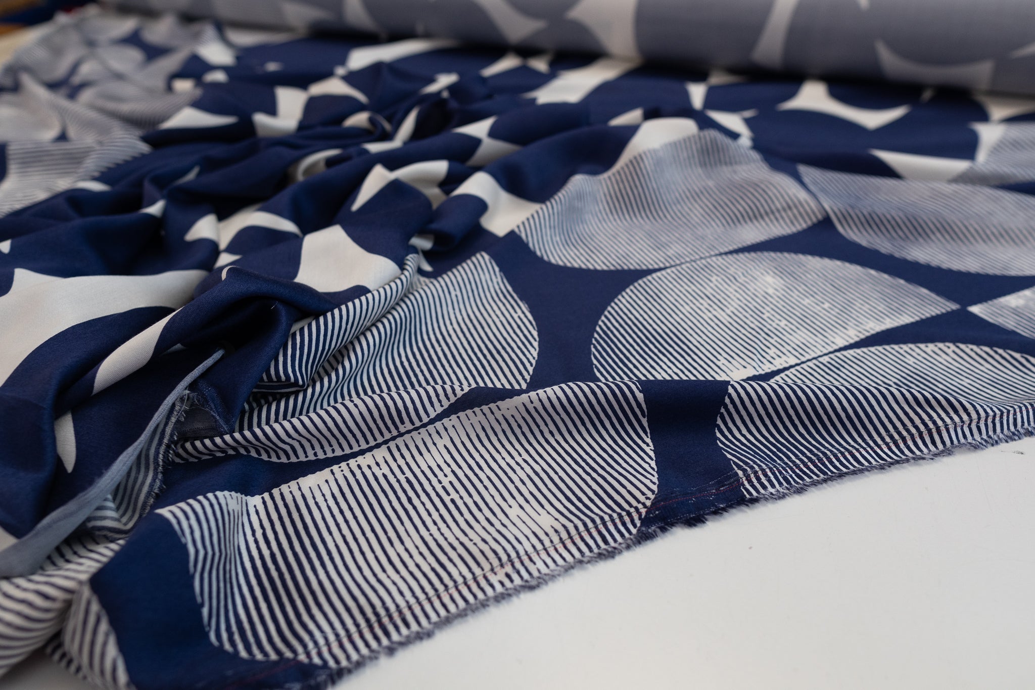Blue In Circles and Stripes  - Viscose Satin