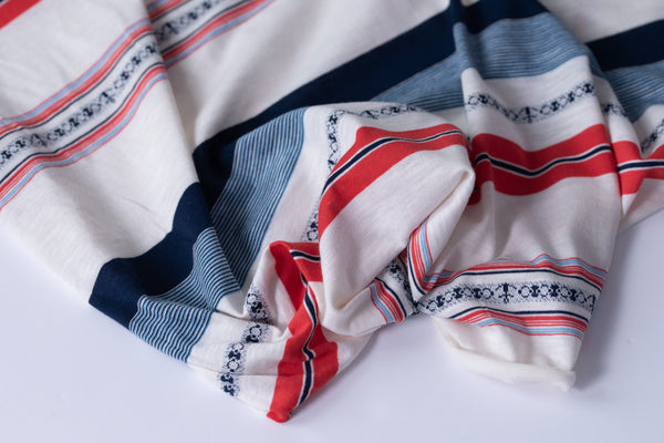 Its A Stripey Affair (White, Red, Navy, Anchor Shapes) - Cotton Jersey